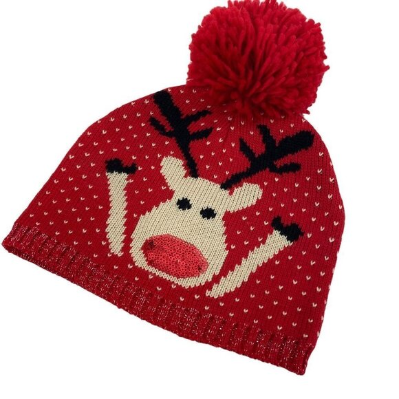 Nordic Reindeer Beanie Hat with Pompom Holiday Knit Cap - Picture 5 of 8